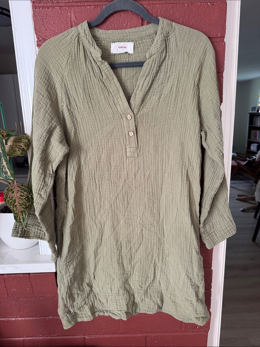 XiRENA 100% Cotton Olive Green Long Sleeve V-Neck Mini Dress XSmall